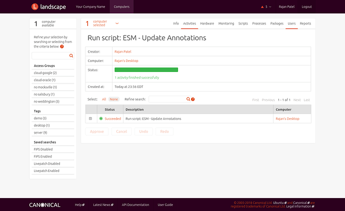Screenshot of the Landscape Dashboard, the ESM Update Annotations script has been successfully run