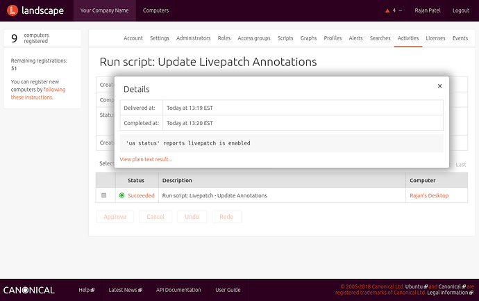 Console output is revealed in the Landscape dashboard