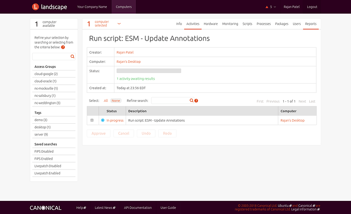 Screenshot of the Landscape Dashboard, the ESM Update Annotations script is currently running